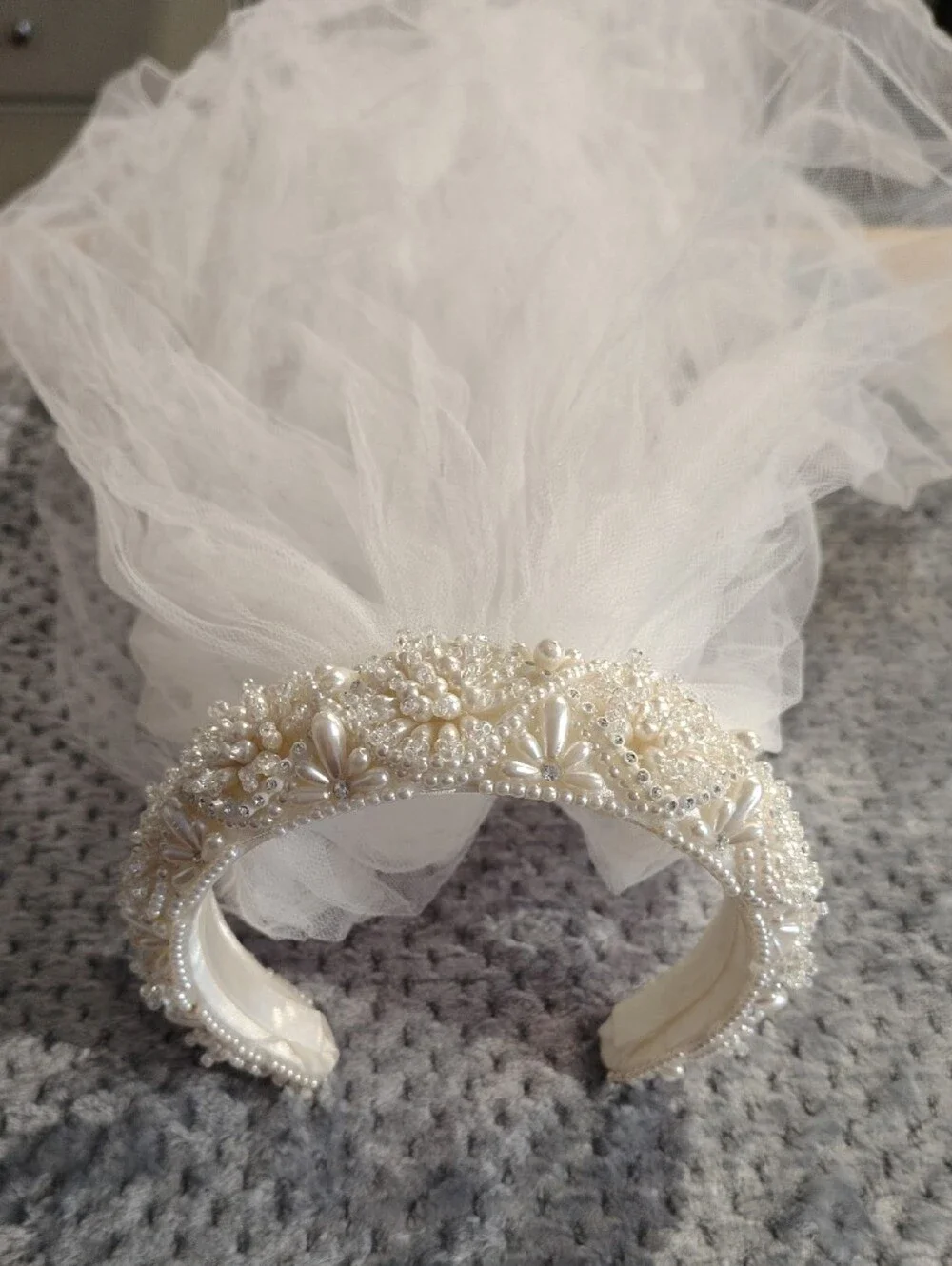 Beaded Pearl White Bridal Headband with Veil